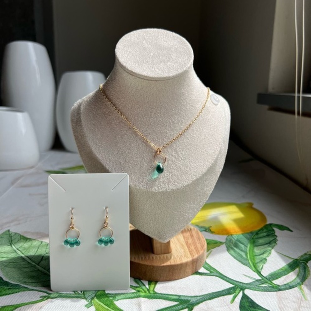 Czech Glass Jewelry Set, Island Blue Teardrop, Mini Hoop, Casual, Turquoise